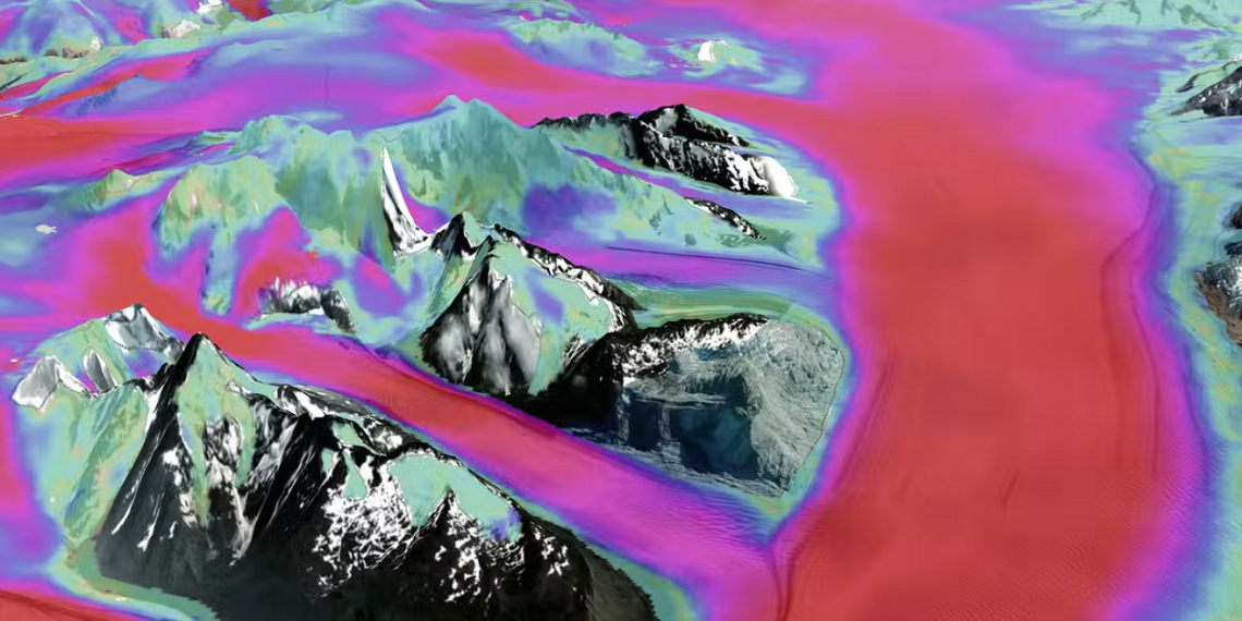 Écoulement du glacier Upsala (Patagonie), à plus de 1,5 km/an (en rouge) - ©Université de Grenoble