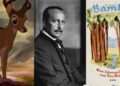 Capture d’écran de la bande annonce cinéma du film Bambi (1942), de Walt Disney. Portrait de Felix Salten en 1910. Couverture de la première édition de Bambi (1923). Wikimedia Walt Disney Company/Ferdinand Schmutzer/Hans Bertle , CC BY